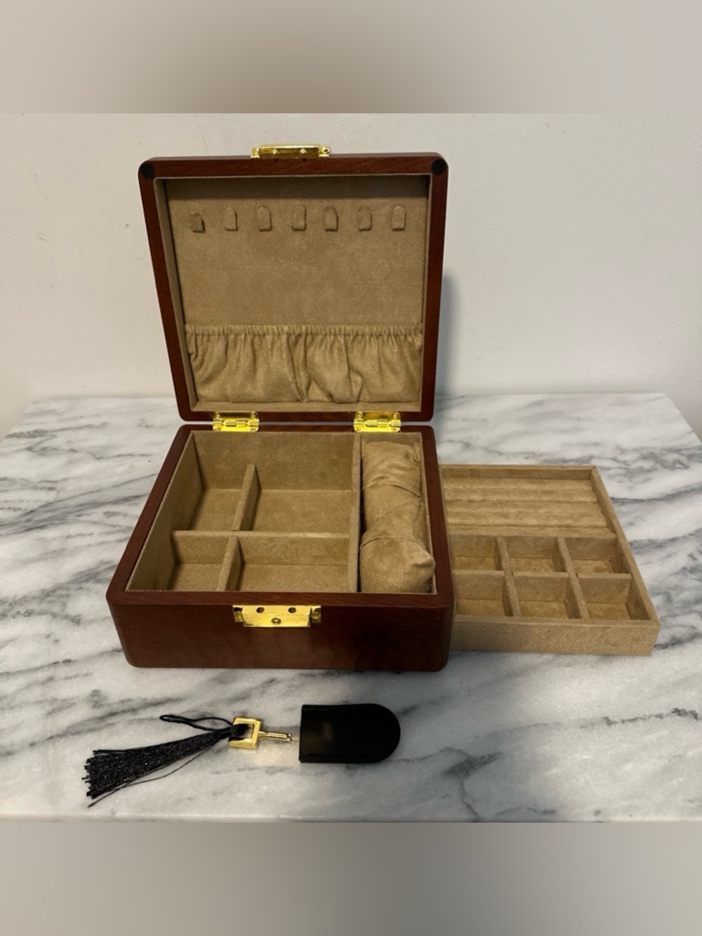 Solid wood two tier jewelry box with key